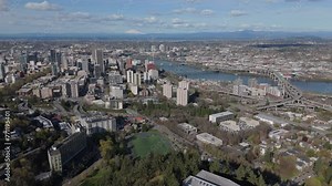 alt view of Portland OR flying backward over OHSU Hospital