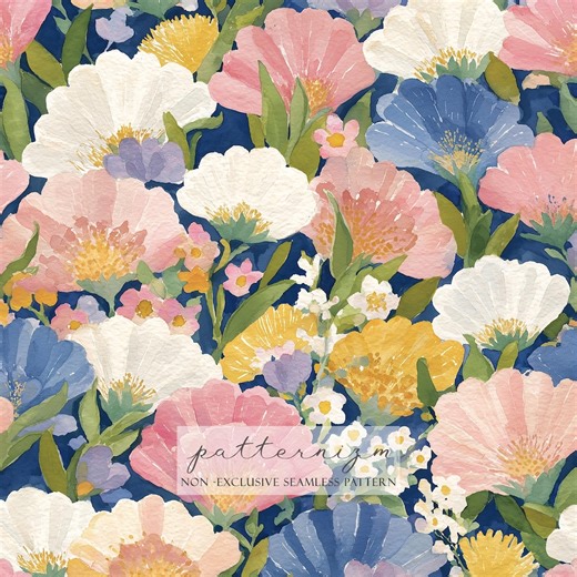 Bold Floral Seamless Pattern – Large Watercolor Blossoms on Navy Background, Elegant Spring Repeat Design for Fabric & Wallpaper - Etsy