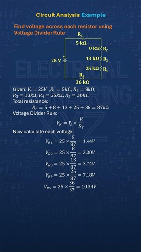 Voltage Divider Rule: 25V Split Across 5 Resistors Explained Fast! 5 resistors 5k, 8k, 13k, 25k, 36k