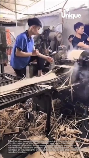 Cutting wood with a machine: people cutting wood into thin strips