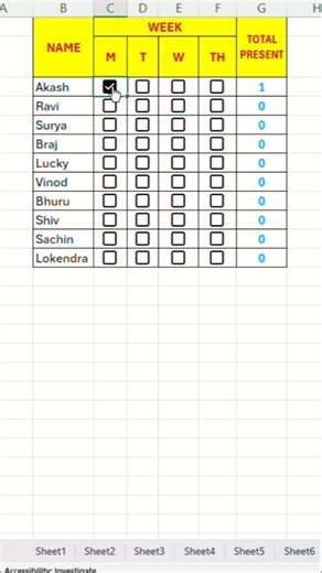 MS Excel Checkbox Formula 🔥 Present–Absent Auto Count | Excel Trick | MS Excel Shorts
