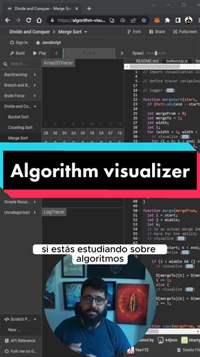 Si estás aprendiendo sobre #algoritmos, esta página te va a ser súper útil. En la #web de #algorithm visualizer puedes visualizar distintos algoritmos, el código de cada uno en #javascript, #java y #c y, por si fuera poco, tienes también la explicación del #algoritmo en un readme. Si te ha sido útil, deja tu