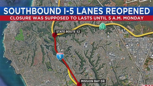 Southbound I-5 reopens early after weekend construction work