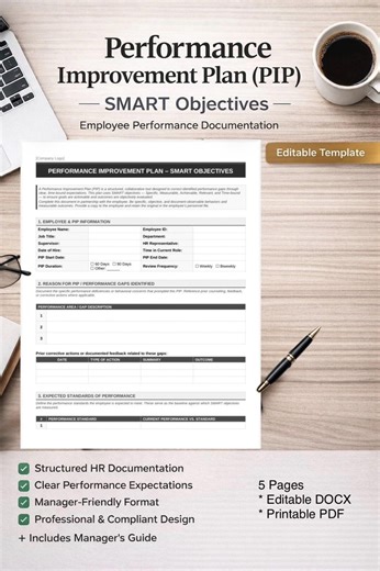 Performance Improvement Plan Template | SMART Goals PIP | Editable HR Form - Etsy