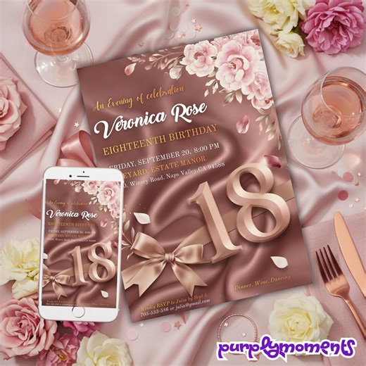 Rose Gold 18th Birthday Invitation, Floral Debut, Editable Digital Invite - Etsy