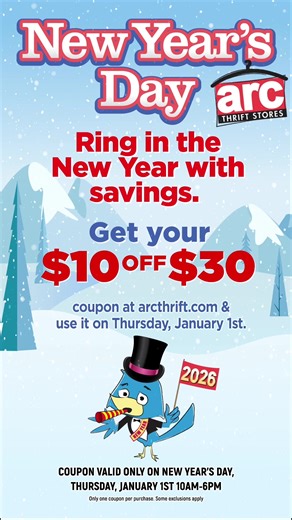 💥 Kick off 2026 with a BANG... and a coupon! 💥 Our special New Year’s Day deal is here to help you start the year with amazing thrift finds at unbeatable prices. 🛍️ Please note, this coupon is only valid THURSDAY, January 1st! Head to our website for the details and plan your thrifting adventure now. 🎉 https://arcthrift.com