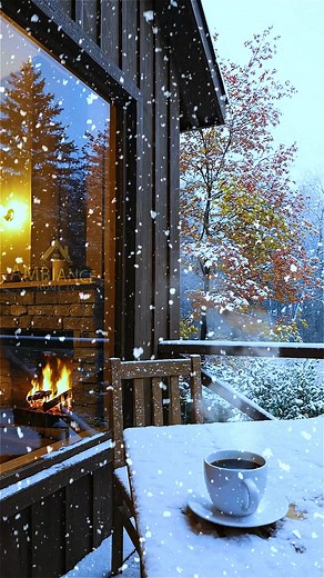 Coffee. Snow. Silence. ⠀ ⠀ ⠀ ⠀ Slow winter morning on a tiny cabin balcony… Snow falls, the forest fades into soft white and your coffee waits on the table. Inside, the fireplace glows in the window, outside the world finally quiets down. Let this be your little escape after a long day. Turn your TV into this view, breathe deeper, and imagine the first sip while the snow keeps falling. This is your sign to slow down tonight. #homeambience #relaxinghome #hometherapy #ambientvideo #cozyhome #winte