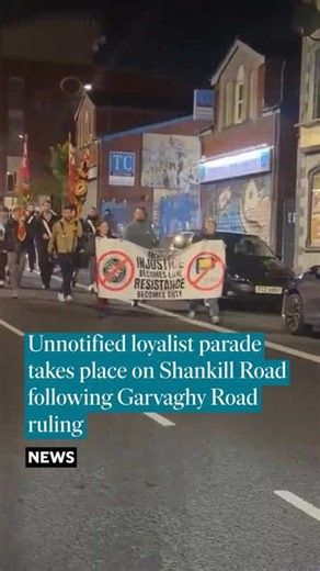 An unnotified parade took place on Belfast’s Shankill Road on Monday night in what is thought to have been the first organised protest by loyalists following the banning of the Orange Order’s return parade along the Garvaghy Road on Friday. Bandsmen paraded behind a banner which read: “When injustice becomes law resistance becomes duty” and included the PSNI crest and Parades Commission logo with red lines drawn through them. The Lambeg drum being played bore the crest of Shankill Road Young Cit