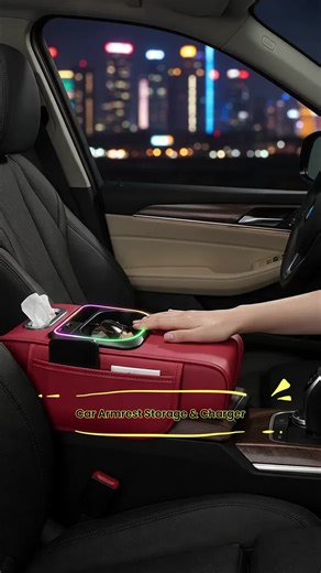 Car Multi-Functional Handrest Storage Cushion, Fast Charging Type C & Type a Dual Ports, Music Sync RGB Ambient Light, Easy Install, Car Armrest Box Accessories, Car Console Organizer