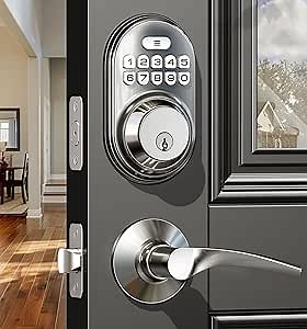 Veise Keyless Entry Door Lock with 2 Lever Handles - Electronic Keypad Deadbolt, Auto Lock, Back Lit & Easy Installation Design, Front Door Handle Sets, Satin Nickel