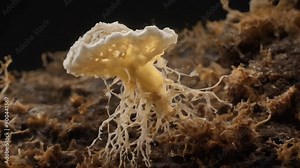 Microscope of mucous mold exploding in natural habitat, transparent filaments, shimmering spores. Microbiology lab concepts. Generative AI