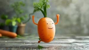 Download A cartoon carrot with a smiley face running on a wooden table for free