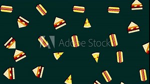 Different fast food flying isolated on green background, seamless loop. Animation. Slices of cartoon pizza, hot dogs, and sandwiches swaying chaotically.