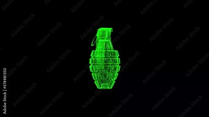 3D hand grenade rotates on black bg. Object dissolved green flickering particles 60 FPS. Business advertising backdrop. Science concept. For title, text, presentation. 3D animation. Stock Video