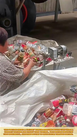 Skilled Worker Opening Bottle Caps Using Mechanical Rotary Tool for Efficient Recycling