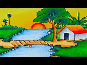 How to Draw Easy Scenery Drawing Waterfall at Sunset Scenery Step by Step with Oil Pastels