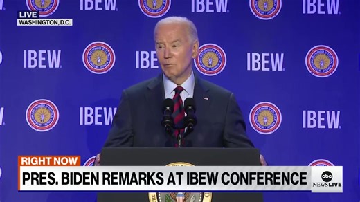 Pres. Biden delivered campaign remarks at the International Brotherhood of Electrical Workers (IBEW) union conference on Friday. "There’s two different ways of looking at our economy. Some folks learn very different lessons growing up than you and I did ... my opponent learned the best way to get rich is inherit it," Biden said. "They learned that telling people, 'You’re fired,' is something to be laughed about. Not where I come from. Not where I was raised." https://trib.al/8eUaS6v | ABC News P
