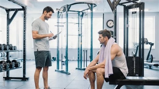 Personal trainer consults with a male client on a fitness regimen in a modern gym