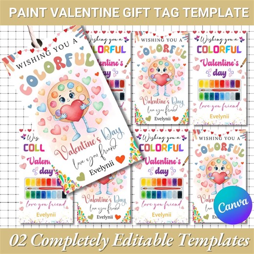 Paint Valentine Gift Tag Template |valentine Classroom Gift Tag |valentine Treat Tag |valentine's Day Favor Tag |watercolor Paint Kids Tag - Etsy