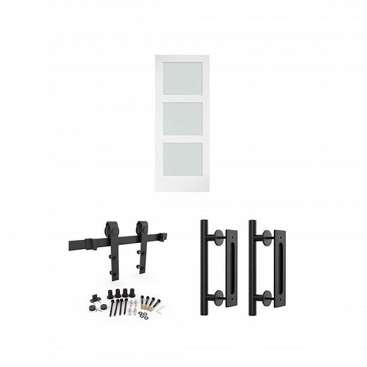 32 in. x 84 in. Frosted Glass Barn Door, 72 in. Hardware Kit and 12 in. Handle Pull (2-Pack) - The Home Depot