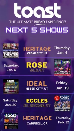 1.6K views · 28 reactions | January is getting TOASTY! There are actually 8 shows here as 3 of the locations are double shows! We hope to see YOU soon! 﫶 | TOAST - The BEST of BREAD | Facebook