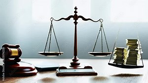 A pair of balanced scales against a white background, symbolizing justice, fairness, and the legal system. The minimal design suggests law, equity, and moral balance in decision-making.