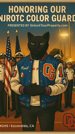 El Gato Negro 🐈‍⬛ on Instagram: "🇺🇸 Honoring Tradition, Building the Future. Nothing sets the tone like our very own NJROTC Color Guard carrying the red, white, and blue under the Friday night lights. Salute to the young men and women who represent discipline, respect, and pride for Orange Glen High School. 💙 The Patriots fight with heart on the field, and our cadets remind us what it means to carry that same pride off of it. 📍 OGHS • Escondido, CA Presented by UnlockYourProperty.com 🏡 @un