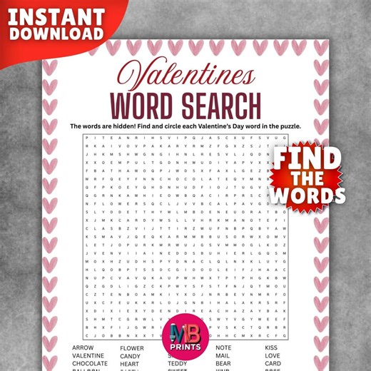 Valentine's Day Word Search Printable, Fun Valentine's Day Game for All Ages, Classroom Valentines Game, Digital Valentine's Day Worksheet - Etsy