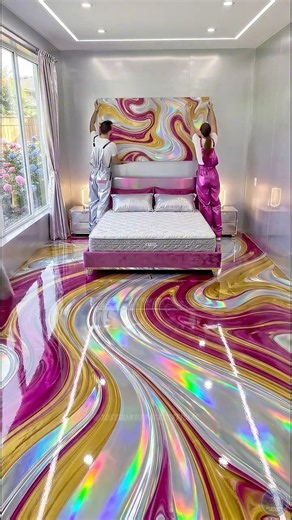 Luxury Holographic Marble Epoxy Floor Bedroom Transformation! 💖✨#epoxyfloor #satisfying