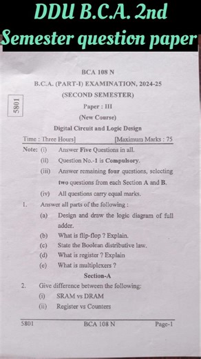 #DDU B.C.A. 2nd Semester Digital circuits and Logic design previous year question paper
