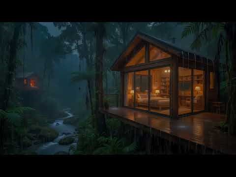 Rain Sounds for Sleep | Cozy Cabin by Forest River Stream (10 Hours) 4K HDR