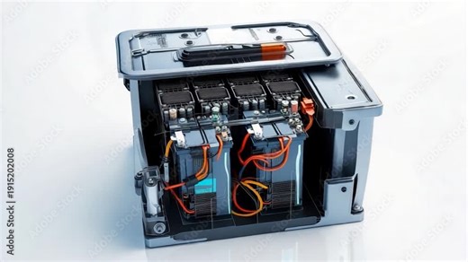 A semi-transparent rendering showcases an industrial component, batteries, wiring, and other mechanics inside a box