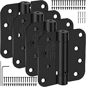 4 Inch Self Closing Door Hinges, 5/8" Radius Corners Spring Loaded Hinges for Exterior, Garage, Front and Back Door, UL Listed, for Left and Right Hand Door, Matte Black, 4 Pack