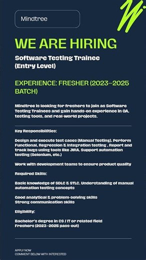 Mindtree Hiring Software Testing Trainee 2025 | Freshers Remote Job | Apply Now#shorts #itjobs #job