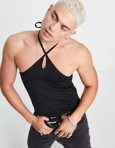 ASOS DESIGN cropped skinny halter tank top in metallic with cut out | ASOS