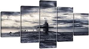 Military Submarine and Soldier Wall Art for Living Room Bedroom House Decor Pictures 5 Panel Canvas Print Paintings Framed Ready to Hang Posters and Prints Black and White(60''Wx32''H)
