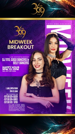 Code369 Club on Instagram: "🍾✨MIDWEEK BREAKOUT @ CODE 369 CLUB✨🍾 🎇Wednesdays hit harder at CODE 369. Step into a high-voltage night of deep bass, bold performances, and nonstop momentum that carries you straight through to late hours.🎇 🎧 DJ Tito delivering Amapiano grooves and club anthems all night 💃 Live GoGo & Belly Dancers igniting the stage with high-impact energy ⚡ The vibe: Thumping bass • Dynamic lighting • Zero slowdown 🎁 Happy Hour(9 PM – 11 PM): 30% OFF food menu 🚗 Free valet