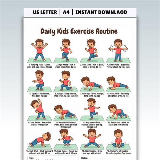 Kids Exercise Chart Printable – 16 Daily Workout Moves Poster | Kids Fitness Routine | Classroom, PE & Homeschool Decor PDF A4 US Letter - Etsy Canada