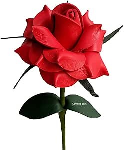 Camellia Bees Leather Rose Gift for Her Him - Handmade Genuine Leather Flower for 3rd Anniversary, Third Year Wedding, Valentines Day, Mothers Day - Forever Rose Gift for Wife Girlfriend (Red)