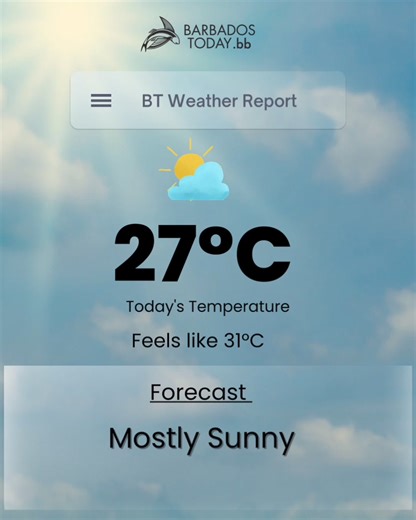 1.6K views | Today’s temperature and weather forecast for Barbados according to the Barbados Meteorological Service. #BarbadosWeather #BarbadosNewsYouCanTrust #LeadingOnlineMedium #BarbadosTodayNews #BTEpaper #BarbadosTODAY #barbados | Barbados Today | Facebook