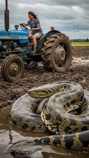 Woman Driving Tractor Faces Giant Snake in Muddy Field