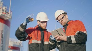 Two caucasian petrochemical engineers examine petroleum oil in flask