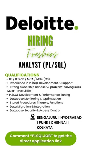 AIMLED Solutions on Instagram: "🚀💻 DELOITTE is Hiring – Analyst (PL/SQL) 📍 Bengaluru | Hyderabad | Pune | Chennai | Kolkata Ready to work on high-impact Data & AI projects with one of the Big 4? 🌍 Deloitte Consulting is looking for skilled PL/SQL Analysts to deliver powerful data solutions at scale! 🔥 👨‍💻 What You’ll Work On: Develop, test & maintain PL/SQL scripts, procedures, triggers & functions Optimize & tune PL/SQL code for high performance Handle database troubleshooting & producti