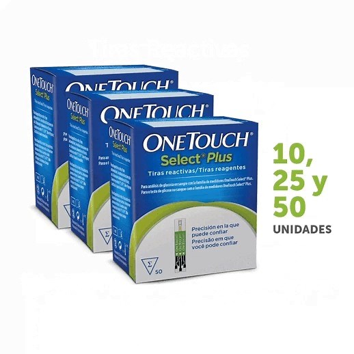 Tiras reactivas OneTouch® Select® Plus, para uso exclusivo con tu medidor OneTouch® Select Plus Flex™️. Disponibles en 10, 25 y 50 unidades. | OneTouch Mexico