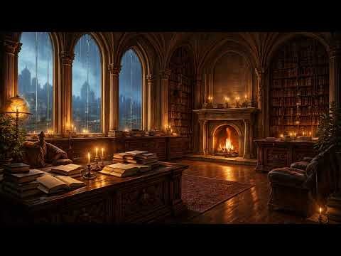 Rain Sounds for Sleeping | Ancient Library & Fireplace | 10 Hours 🌙 (4K)