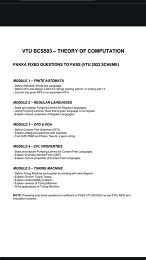 bcs503 fixed and most important questions to clear the subject 💯💯💯 #theoryofcomputation #explore