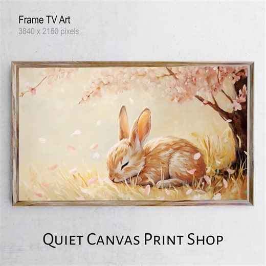 Cottagecore Springtime Rabbit Samsung Frame TV Art, Cute Pastel Painting, Soft Cozy Bunny Art, Cherry Blossom Scene, Digital Download - Etsy