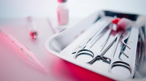 Medical Instruments in Steel Tray on Table for Surgery