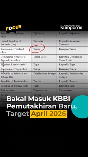 Sejumlah nama negara asing dengan ejaan yang disesuaikan ke dalam bahasa Indonesia, seperti Thailand menjadi Tailan dan Paraguay menjadi Paraguai, direncanakan masuk dalam pemutakhiran Kamus Besar Bahasa Indonesia (KBBI) pada April 2026. Pembaruan eksonim terbaru ini telah disampaikan melalui dokumen resmi Indonesia ke forum internasional United Nations Group of Experts on Geographical Names (UNGEGN) sekitar tahun 2025. Kepala Badan Pengembangan dan Pembinaan Bahasa, Hafidz Muksin, menjelaskan b