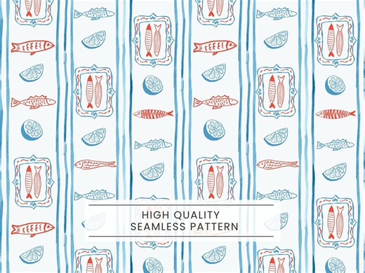 Seamless Colorful Fish Pattern, Fishing Seamless, Coastal Summer, Blue Watercolor Stripe, Sardines Lover Gift, Seafood & Lemon Print, Trends - Etsy